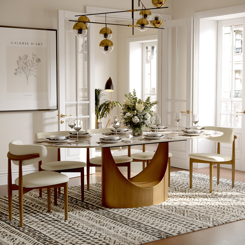 9 Pieces Dining Room Sets, Pre-Assembly Oval Dining Table Sets, Sintered Stone Tabletop Kitchen Dining Table Set With Upholstered Chairs