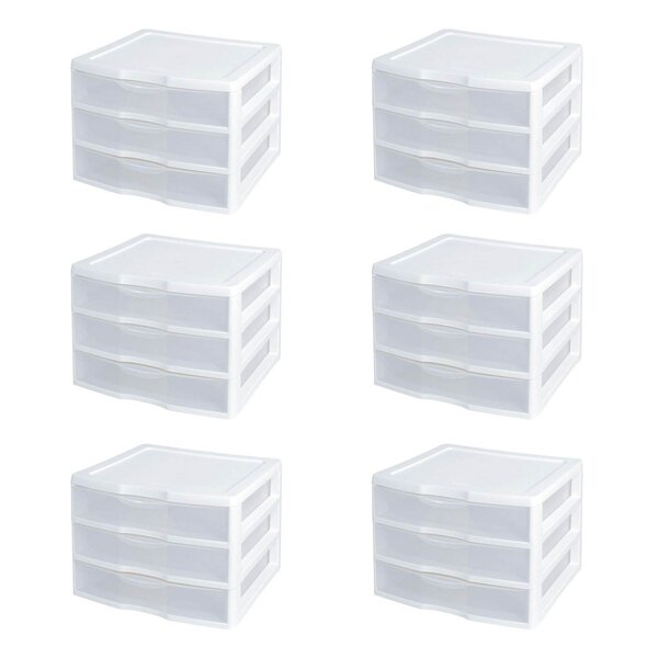 Sterilite Clear Plastic Stackable Small 3 Drawer Storage System, White, (12 Pack)