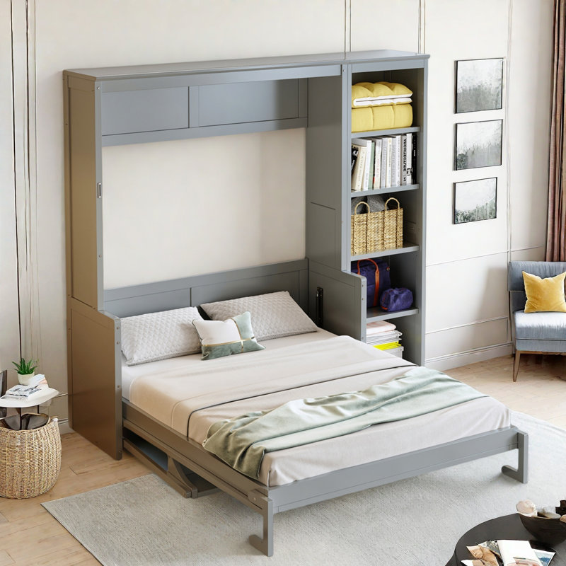 Lit escamotable avec bureau et tablettes Murphy, Gris, Double