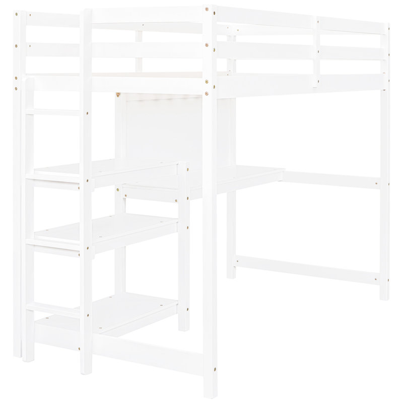 Lit mezzanine blanc simple avec tablettes, bureau et tableau d'écriture. Fabrication en bois de pin massif pour plus de stabilité. Espace de lecture supplémentaire, jeu de devoirs. Matelas frais Airy Design. Capacité de 300 lb