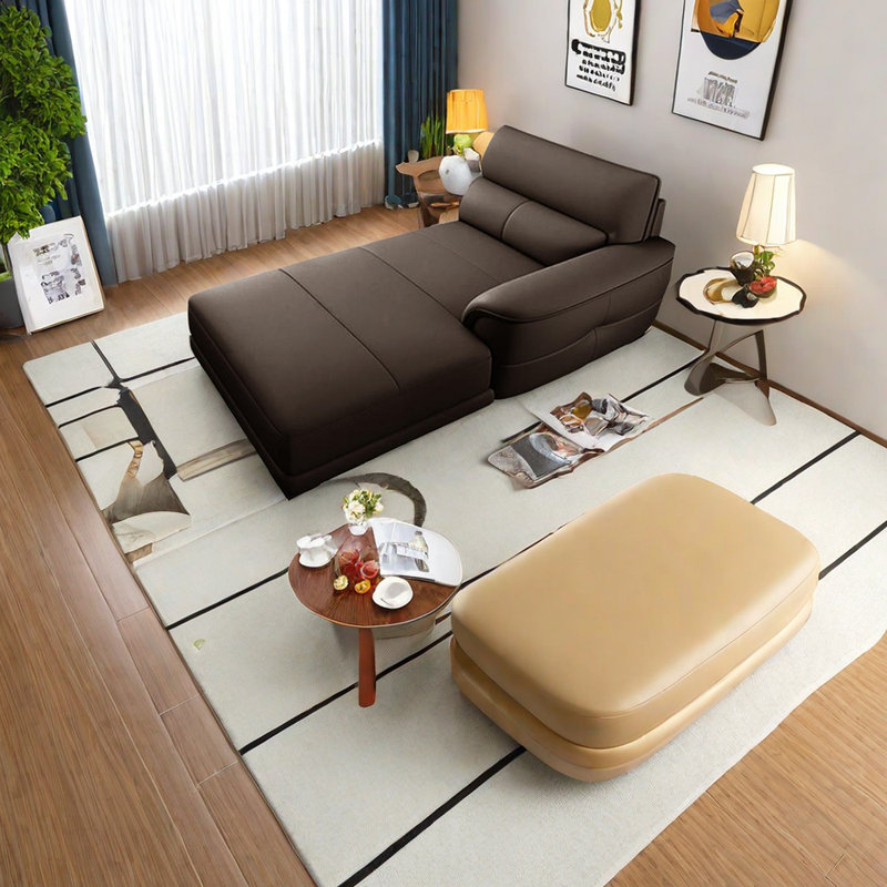 Chaise longue inclinable en similicuir de style simple et moderne, Accoudoir à gauche (vu de face), Brun