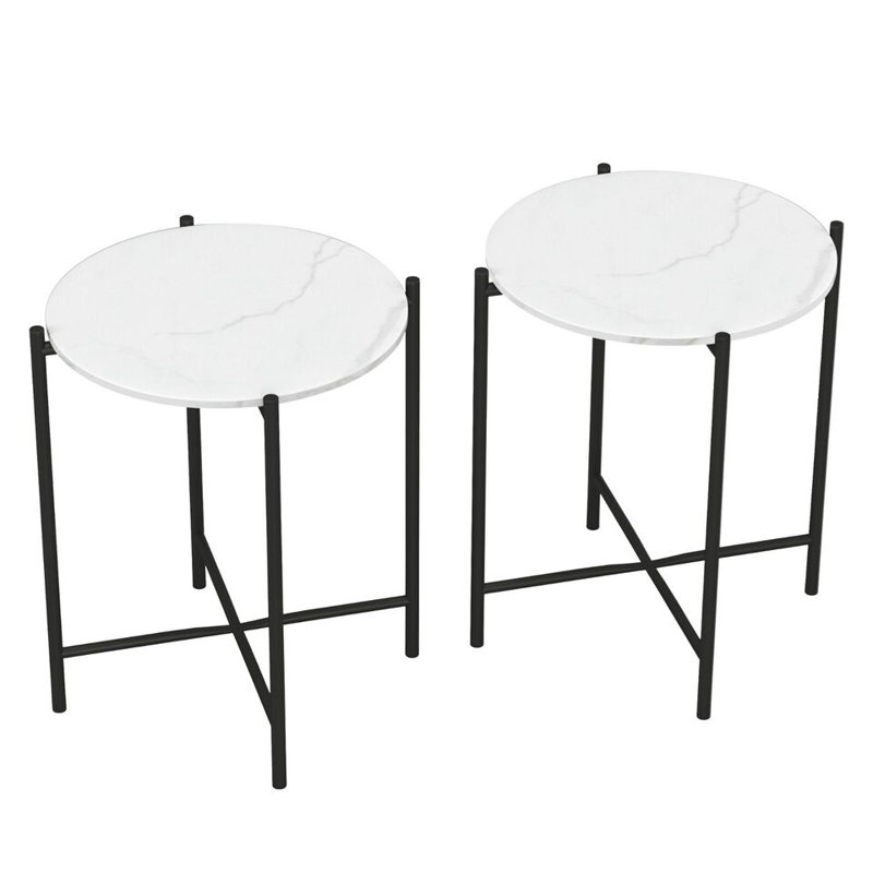 Set of 2 Pcs Marble Effect Tops Square Side End Coffee Table Metal Frame, White
