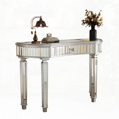 47" Half-Moon Mirrored Console Table With Glass And Drawer