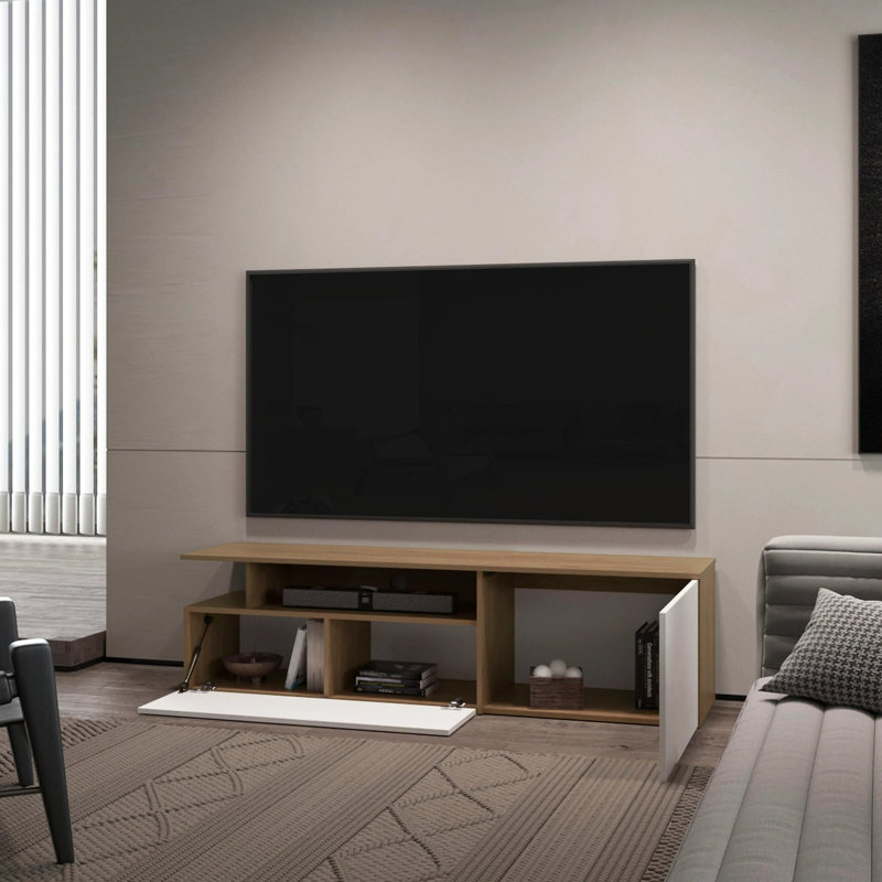Meuble télé avec porte rabattable et tablette ouverte