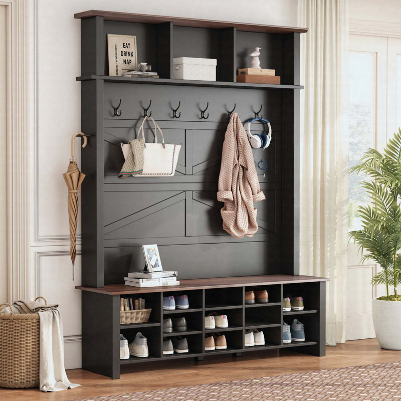 Farmhouse Hall Tree with 16 Cubbies, Storage Bench & 6 Hooks, Black, Black