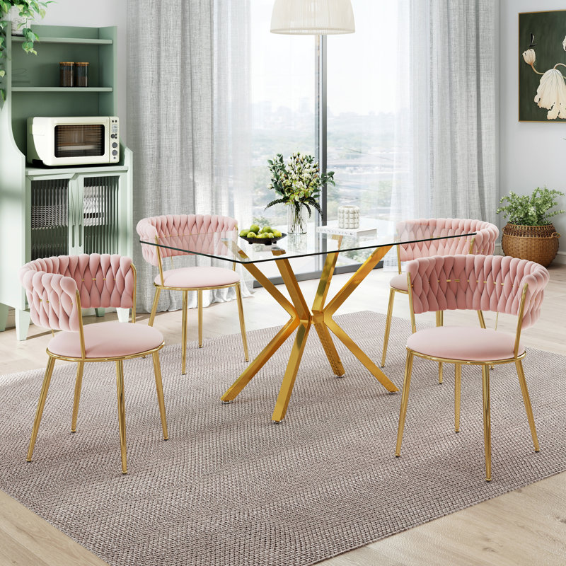 Rectangle Pedestal Dining Set with Modern Weaven Velvet Dininig Chair, 5 Pieces: Table, 4 Chairs, Pink, Gold