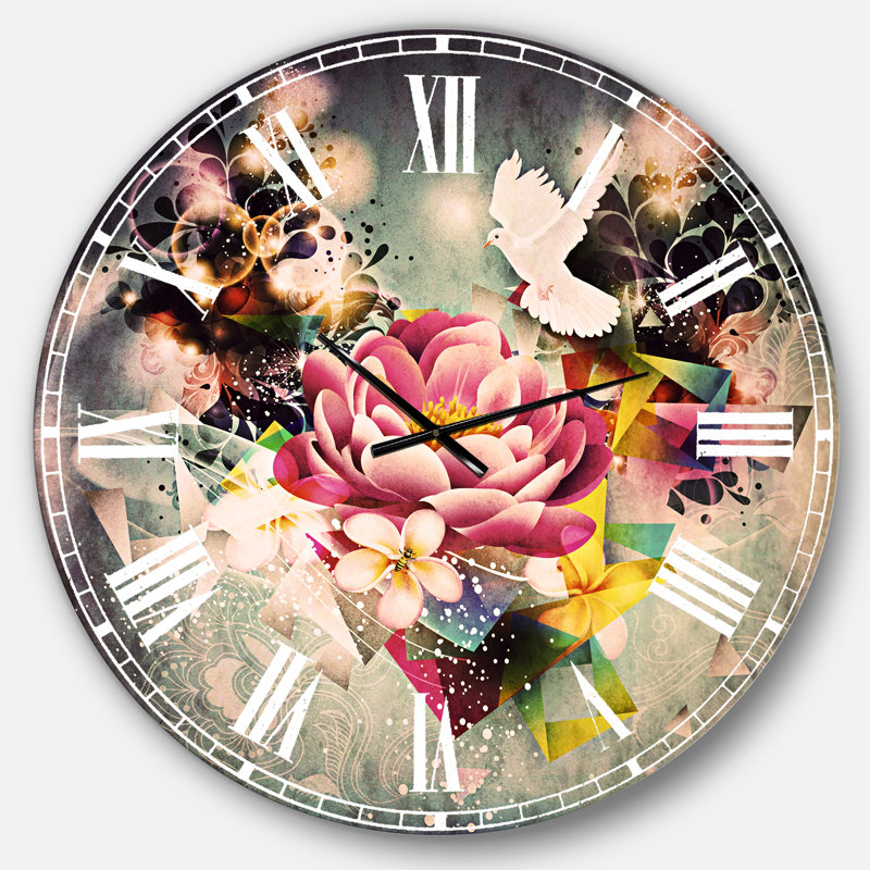 Fleurs et colombe - dessin abstrait - horloge murale traditionnelle, Surdimensionné