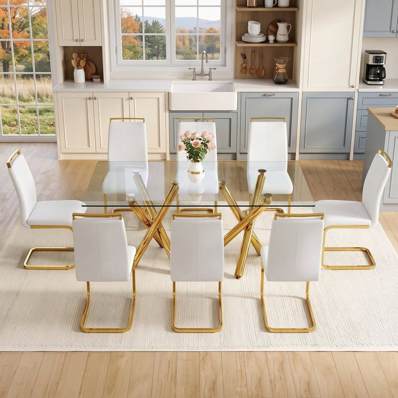 Ensemble de salle à manger rectangulaire moderne en verre avec cadre géométrique et chaises en porte-à-faux, Transparent