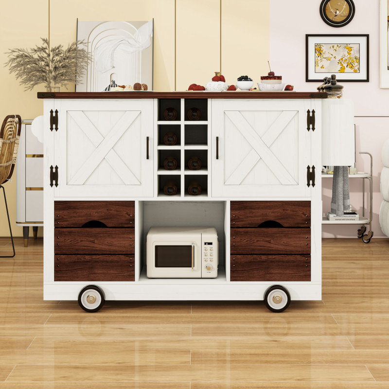 Rolling Kitchen Island Cart with Drop Leaf, Power Outlet, Adjustable Shelves and 2 Storage Drawers, White