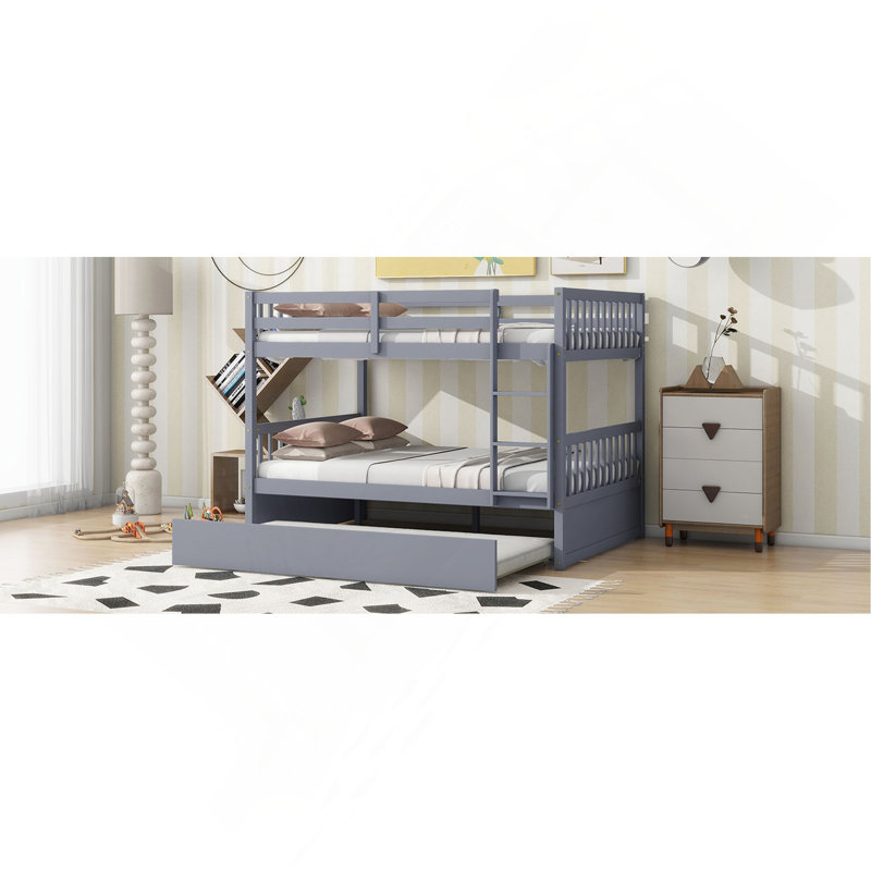 Lit superposé en bois d'hévéa avec lit gigogne, échelle et garde-corps, convertible en 2 lits, avec lit gigogne, Gris