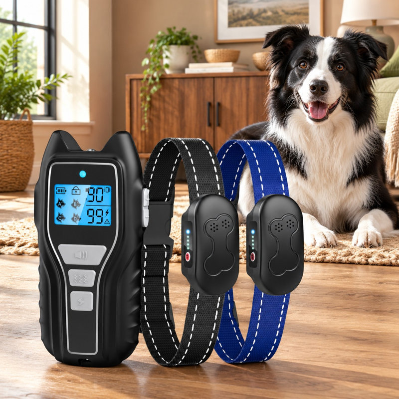 Pour 2 chiens pesant de 15 à 120 lb dans toutes les races, ce système de colliers de choc rechargeables imperméables gris possède une portée de 2000 pi, 4 modes de sécurité, un verrou de contrôle et une lampe de poche. 15 notes de clients dans le 