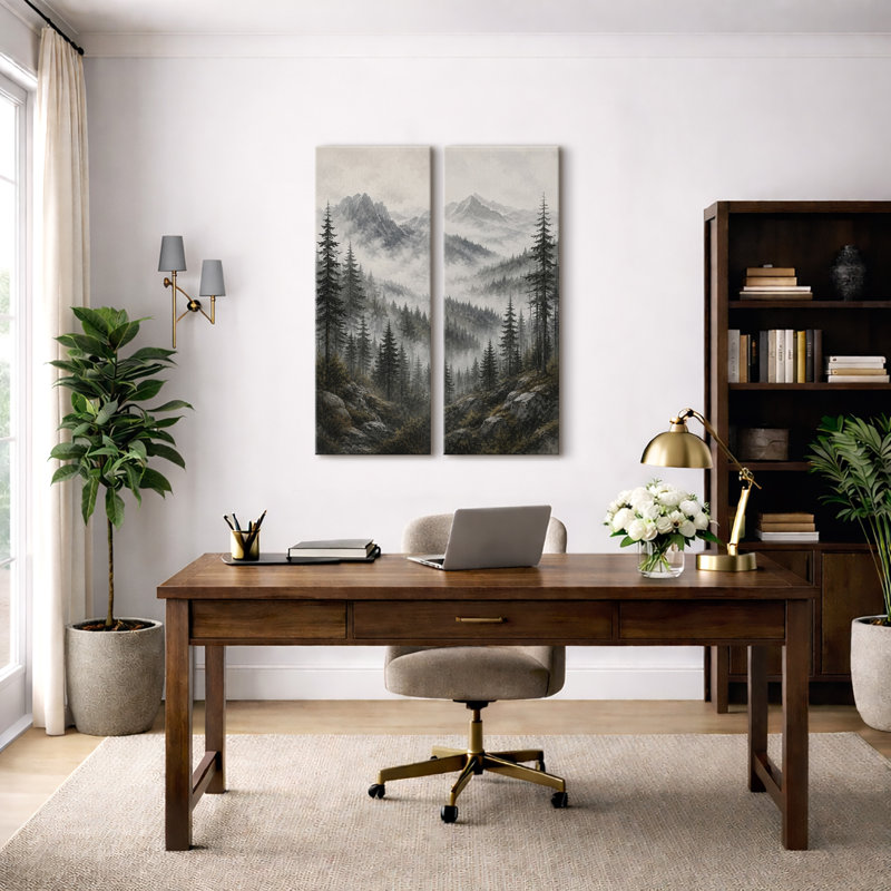 Paysage de forêt de conifères de Misty Mountain – Ensemble de 2 impressions sur toile 32 po x 12 po x 2 po, H 32 po x l 12 po