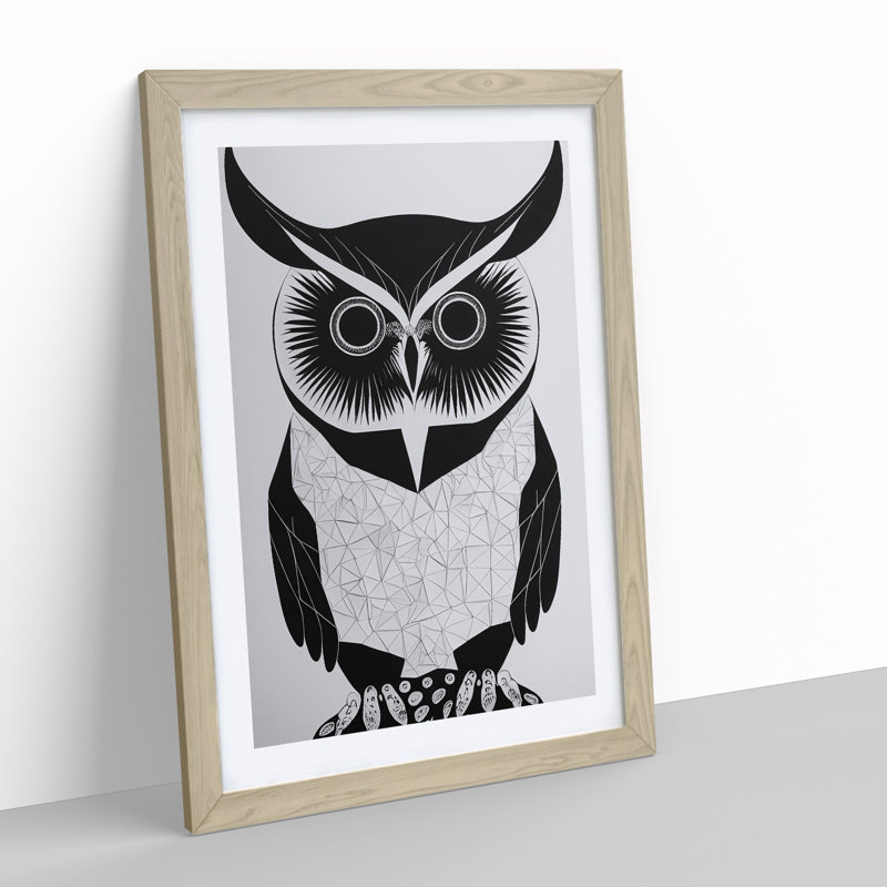 Owl Monochrome No.2 - Single Picture Frame Painting, 46cm H x 34cm W x 2cm D, Oak