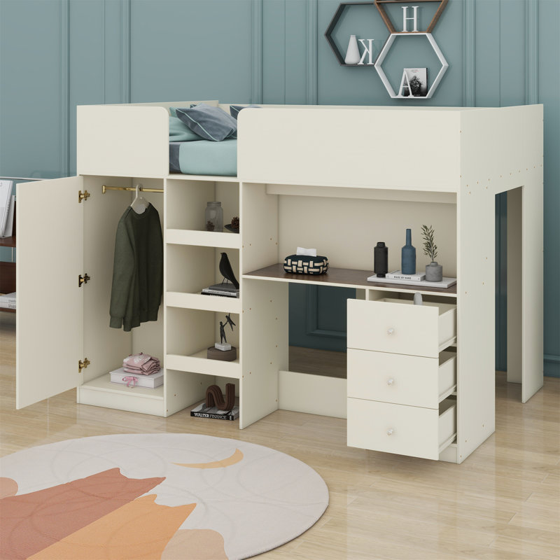 Lit mezzanine avec garde-robe intégré, bureau, tablettes de rangement et tiroirs, Beige