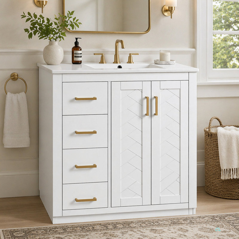 Ensemble de meuble-lavabo 30 po avec lavabo en céramique, armoire de rangement en bois massif, ensemble de meuble-lavabo autoportant avec 3 tiroirs et portes à fermeture douce