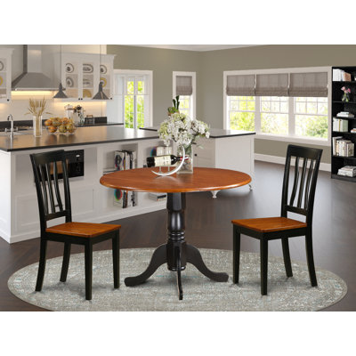 3 Piece Dinette Set for Small Spaces Contains a Round Dining Table with Dropleaf and 2 Dining Chairs, 42x42 Inch, Black & Cherry
