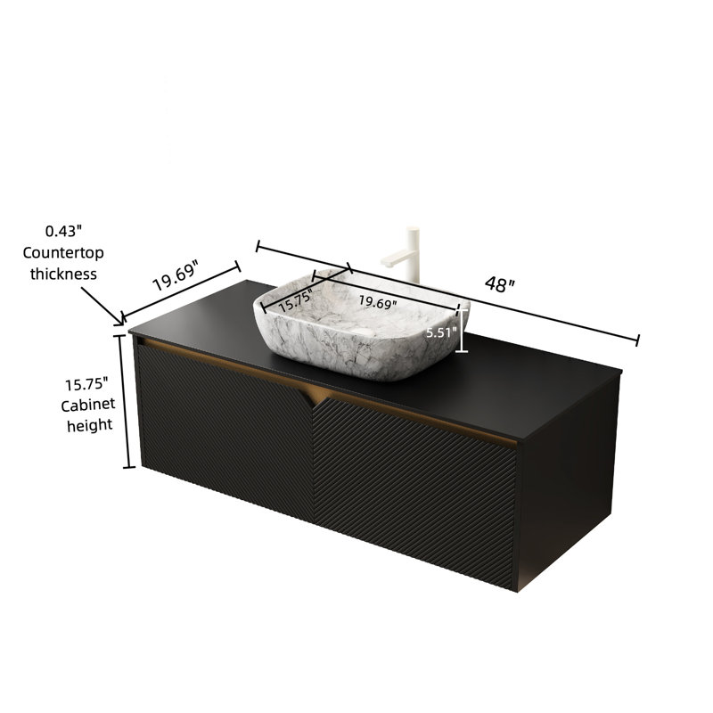 48.67-Inch Deep Bathroom Vanity & Sink Selection, Plywood Storage Cabinetry, Marble Pattern Ceramic Basin, Black Sintered Stone Countertop, Twill Double Doors With Metal Ornaments 48" Sink, Surface,