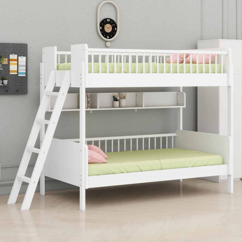 Lit superposé polyvalent avec échelle et tablettes intégrées, Blanc