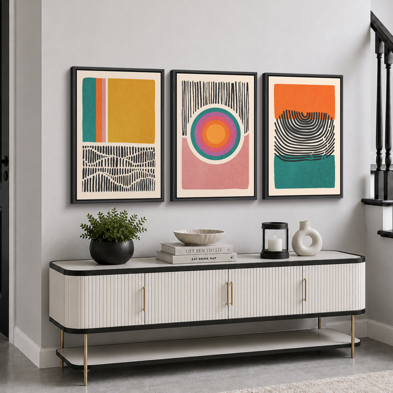 «Mid-Century Multicolor Color Block Shape Abstract Geometric», ensemble de 3 impressions sur toile flottante encadrées