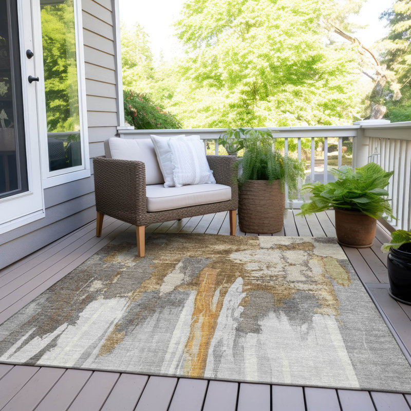 Machine Washable Indoor/Outdoor Xhevrie Ivory Rug, Rectangle 3' x 5'