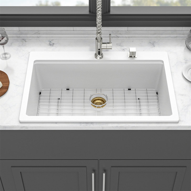 Évier de cuisine en quartz - Évier de cuisine en granite blanc à montage sur plan de travail 33 po x 22 po, Blanc