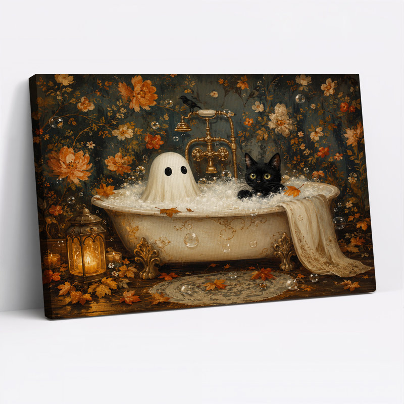 Art mural sur toile avec fantôme blanc et chat noir dans une baignoire, H 36 po x l 48 po