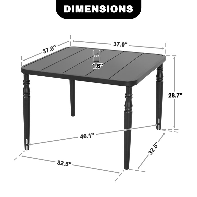Patio Square Powder-coated Metal Dining Table With Umbrella Hole, Black