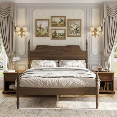 Retro Four Poster Spindle Platform Bed Frame with Curved Tall Headboard, No Box Spring Needed