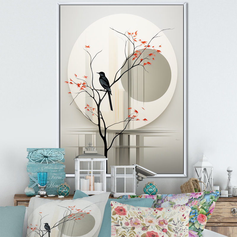 Encre d'oiseaux japonais gris, impression sur toile, 32" H x 24" W, White Picture Framed