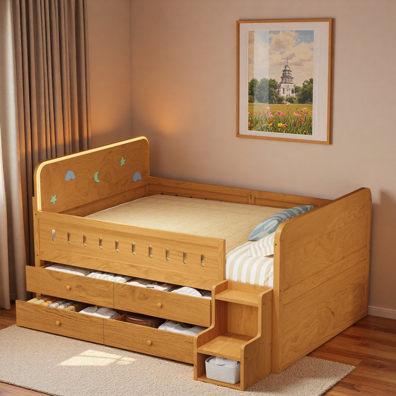 Wooden Bed With Led Light, 4 Drawers And Storage Staircase, Wood