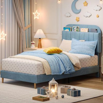 Twin XL Size Light Blue Velvet Upholstered Platform Bed Frame For Boys With Storage Headboard Strong Wooden Slats Noise Free Easy Assembly No Box Spring Needed
