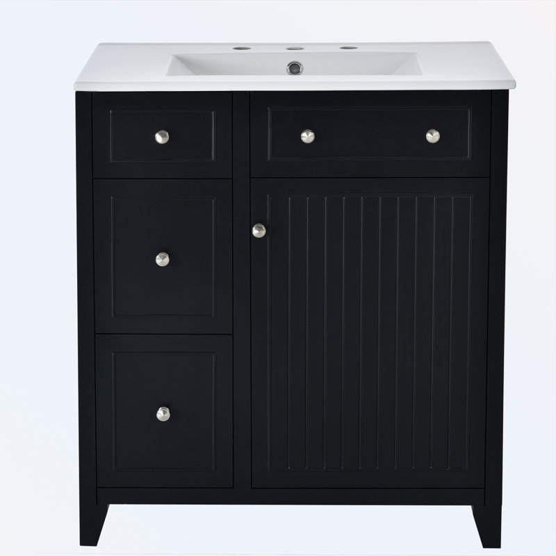 Bathroom Vanity Cabinet with Ceramic Basin, Double-Layer Drawer, Black