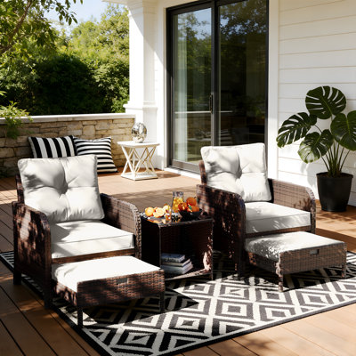 5-Piece Wicker Patio Conversation Set Outdoor Seating Group with Table and White Cushions