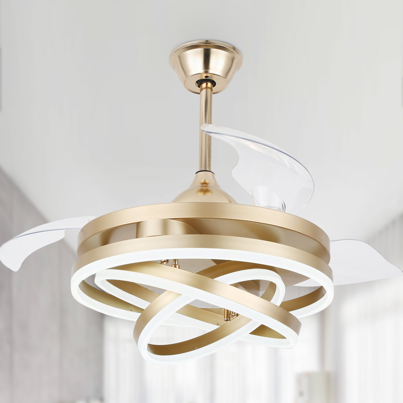 Brynnly 42" Retractable DC Motor Ceiling Fan with LED Lights, Remote 3-Colour 6-Speed, Gold with Clear Blades