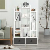 Tree Bookshelf, 7/12-Tier Wooden Bookcase Storage Shelving Unit With Folding Drawer, Freestanding Magazine Book Display Rack For Home Office Living Room (With 2 Drawers, 12-Tier)