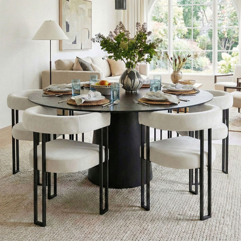 Ensemble de table de salle à manger pour 6 personnes avec table ronde de 60 po et 6 chaises rembourrées en velours, Beige