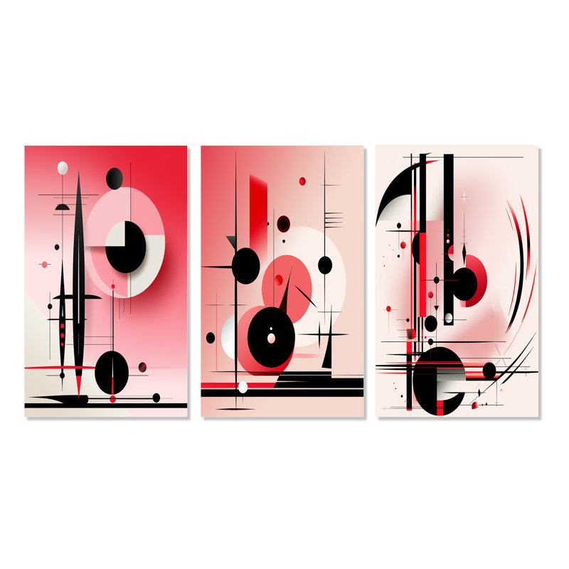 «In The Know Circular Geometrics Black and Pink», 3 pièces sur toile, Toile tendue, H 40 po x l 60 po