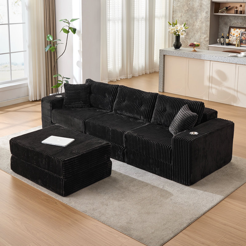 109” W Modular Compression Sofa With Ottoman, High Rebound Density Sponge Sofa, Black