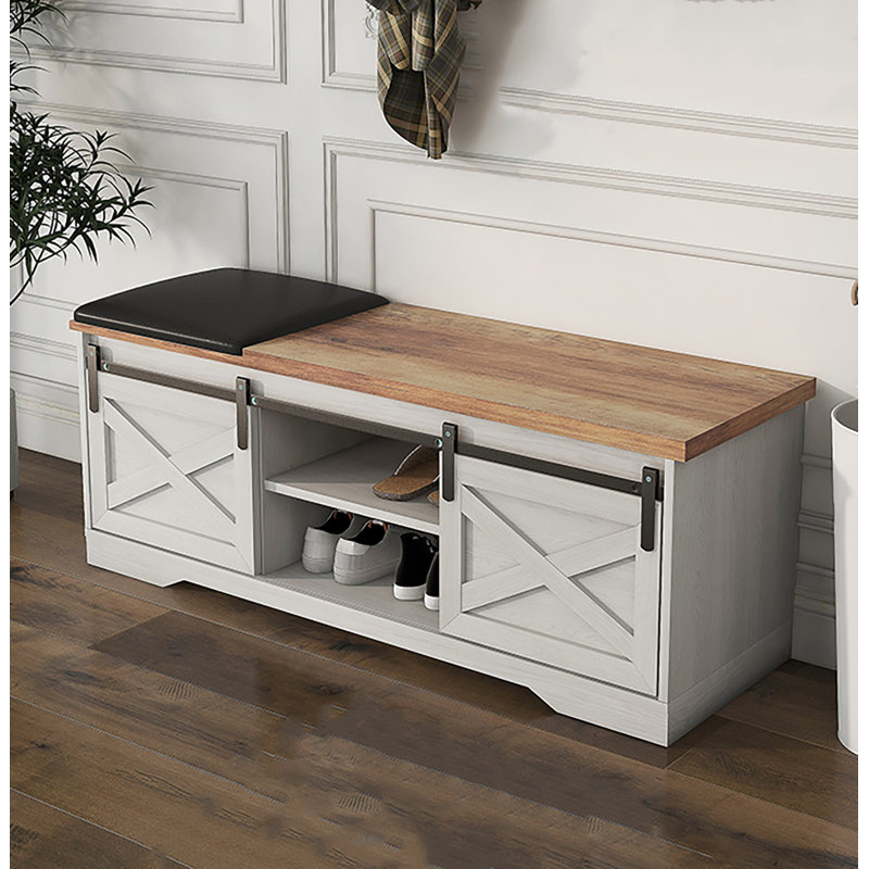 Entryway Shoe Bench With Sliding Door Cushion Adjustable Shelf