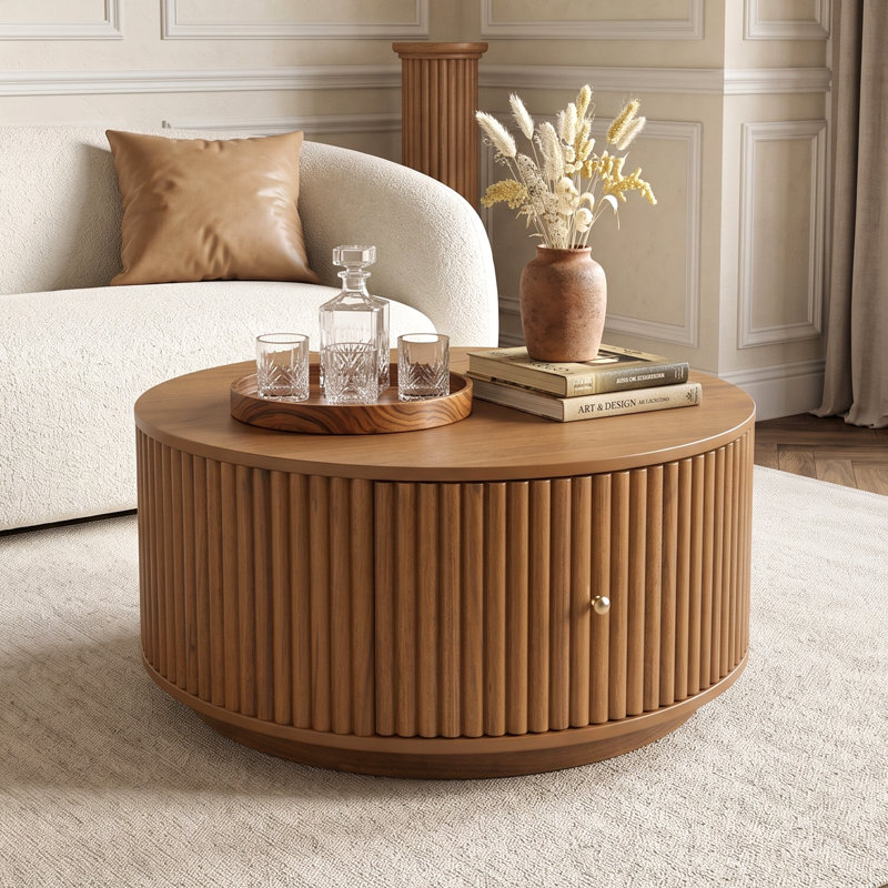 Table basse cylindrique ronde avec rangement caché, centre en bois massif, H 16,6 po x l 30,3 po x P 30,3 po