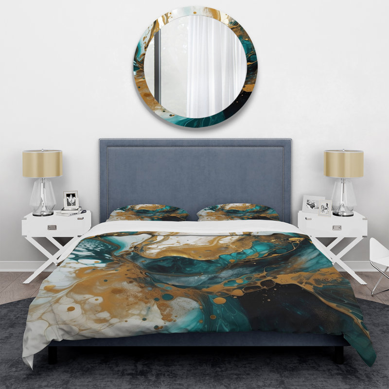 Ensemble de housse de couette géométrique turquoise et or, Housse de couette simple et deux taies décorative