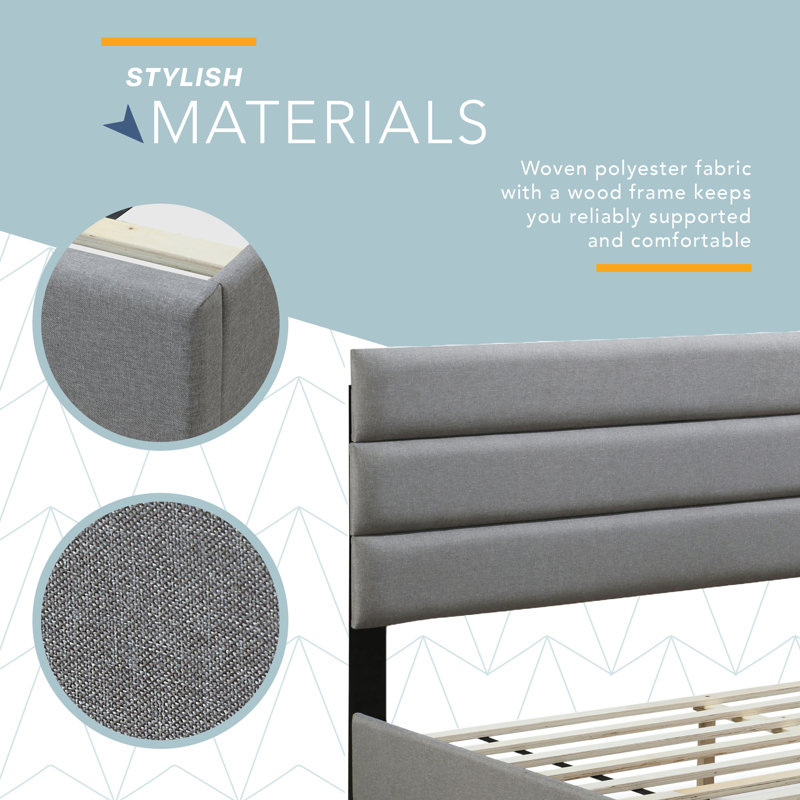 Hudson Upholstered Platform Bed with Straight Tufted Headboard, Gray, Queen
