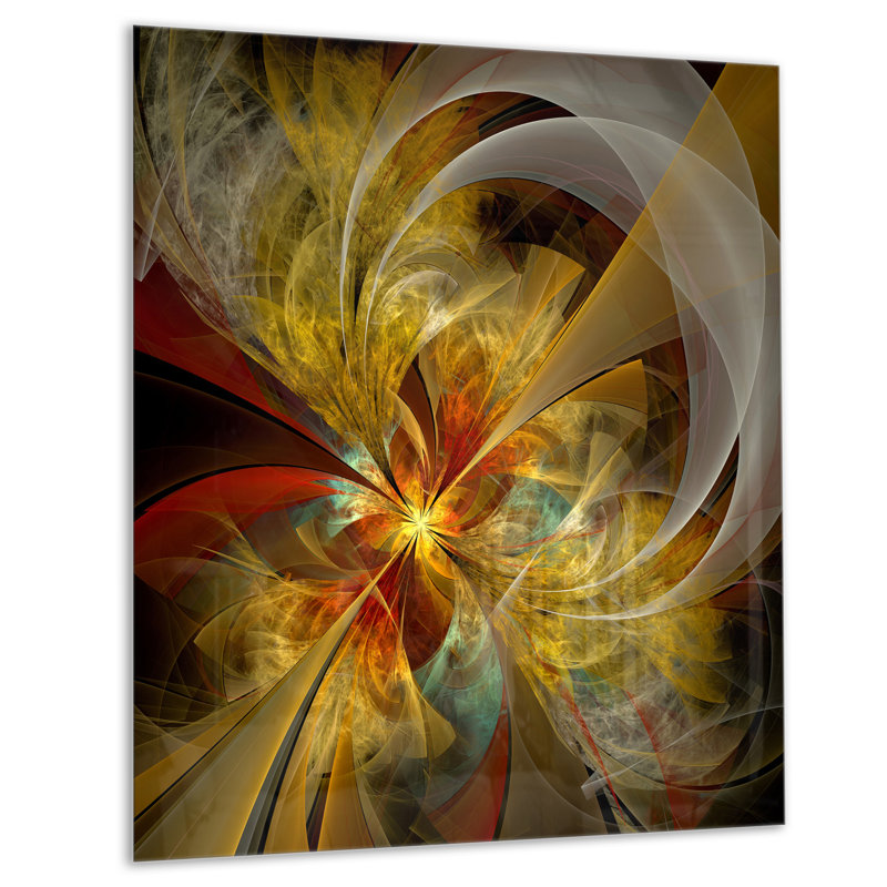 Motif de fleurs symétriques jaune vif - art moderne sur métal, H 20 po x l 12 po x P 2 po