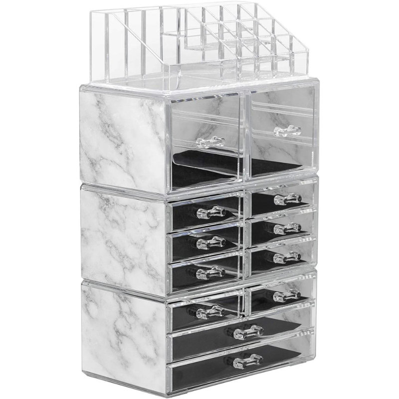 Marble and Clear Acrylic 12-Drawer Makeup Organizer Tower
