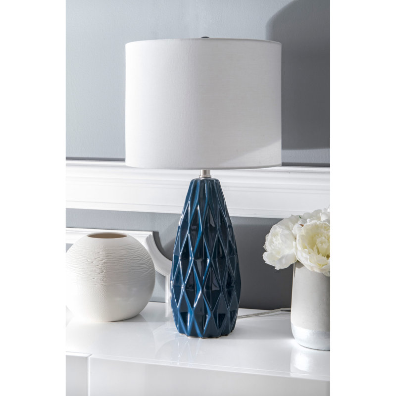 Navy Blue Ceramic Table Lamp with White Linen Shade