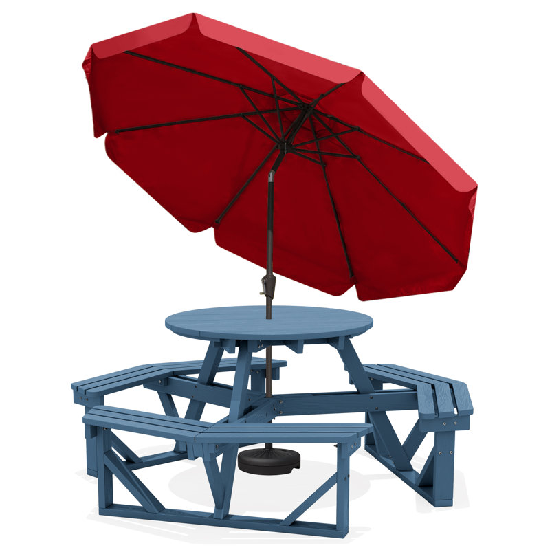 Ensemble de table de pique-nique d'extérieur convertible en PEHD pour 6 personnes Parasol de marché, Red, Navy
