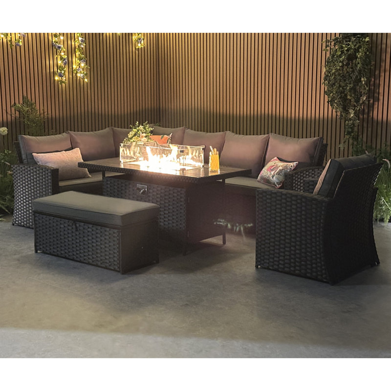 Rosen 9 Seater Corner Sofa Set With Fire-pit Dining Table With Storage Box And Armchair& Rain Cover, Black