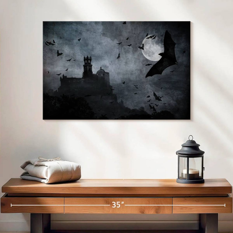 Château entouré de chauves-souris, H 16 po x l 24 po