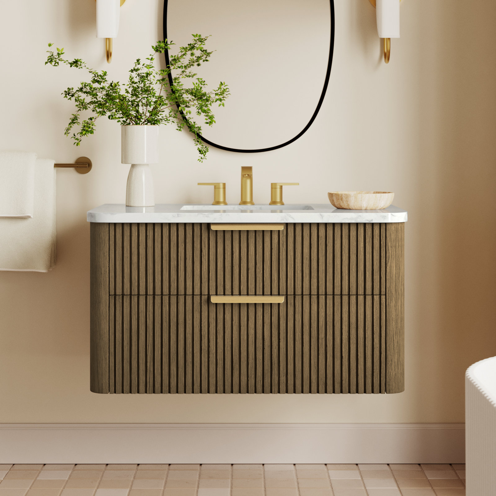 Liljan 36" Oak Single Bathroom Vanity, Aged Oak/Brushed Bronze