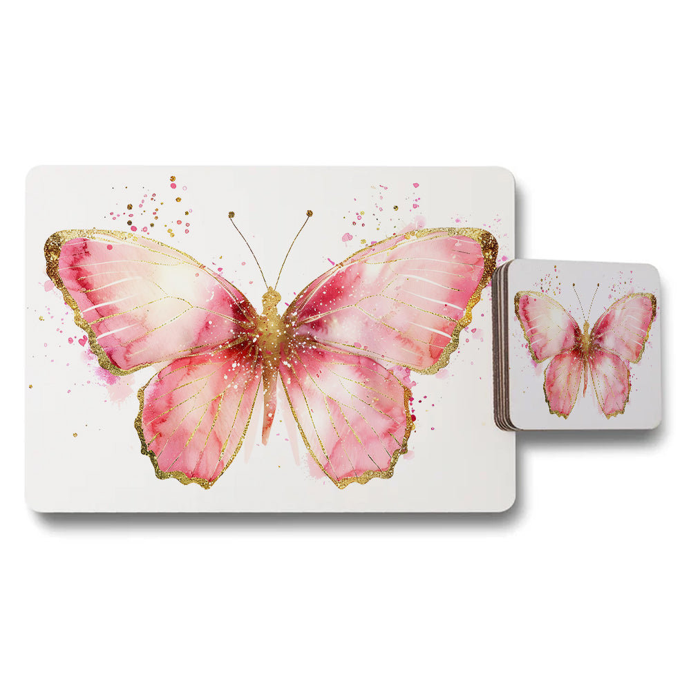 Pink Butterfly Placemat and Coaster Set With Gold Accents